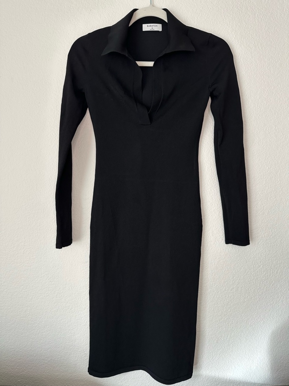 Babaton Contour Polo V-Neck Black Long-Sleeve Bodycon Midi Dress Size XS